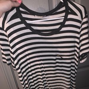 Grey and white stripped tshirt with gold zipper